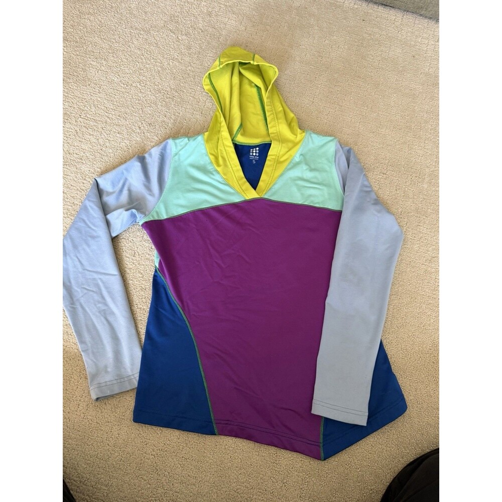 Title Nine Hoodie Sweatshirt Size Small Color Block Performance Colorful Blue